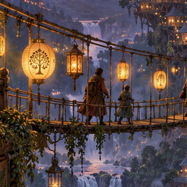 AI illustration of a treehouse village with lanterns, detail crop: Hyper Upscale v4