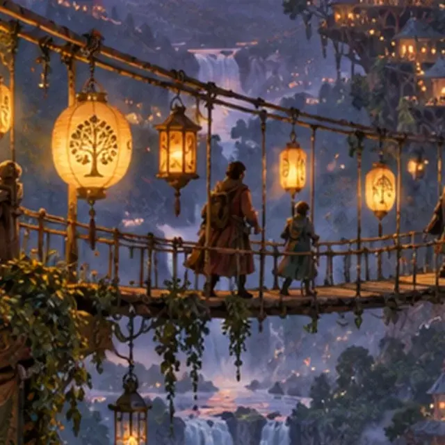 AI illustration of a treehouse village with lanterns, detail crop: Original