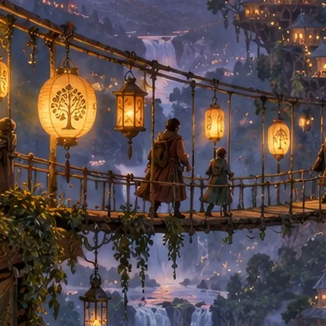 AI illustration of a treehouse village with lanterns, detail crop: Pic Refiner