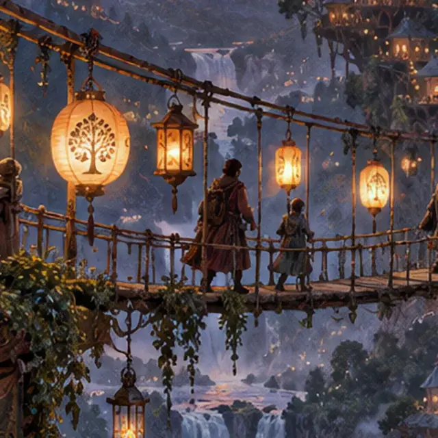 AI illustration of a treehouse village with lanterns, detail crop: Pic Refiner v2.1