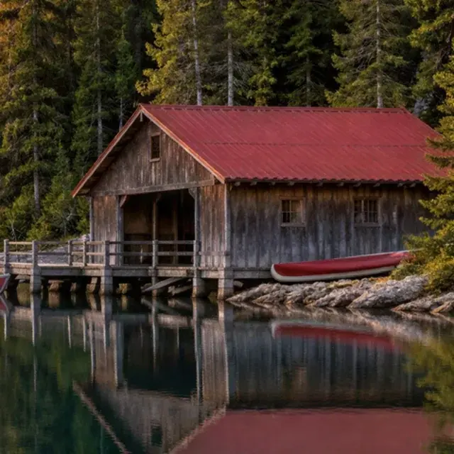 Soft photo of a mountain lake with a boathouse, detail crop: Hyper Upscale v4