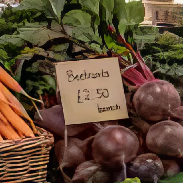 Heavily compressed JPEG of a market stall with price tags, detail crop: Pic Refiner