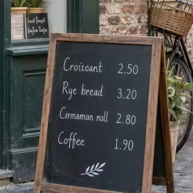 Small photo of a bakery with a chalkboard menu, detail crop: Hyper Upscale v4