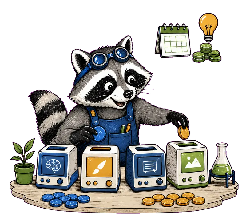 A cheerful raccoon sorting bonus and paid tokens between AI tools