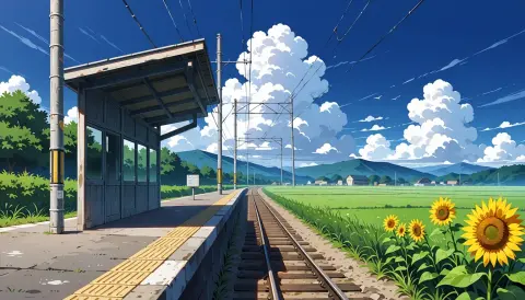 Сгенерированный аниме-фон: сельская станция с подсолнухами: Animake v1.1