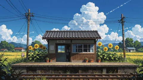 Сгенерированный аниме-фон: сельская станция с подсолнухами: Velvet Render v5.1 Anime