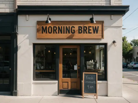 Сгенерированная витрина кофейни с вывеской MORNING BREW и меловой доской: ImageGPT v3