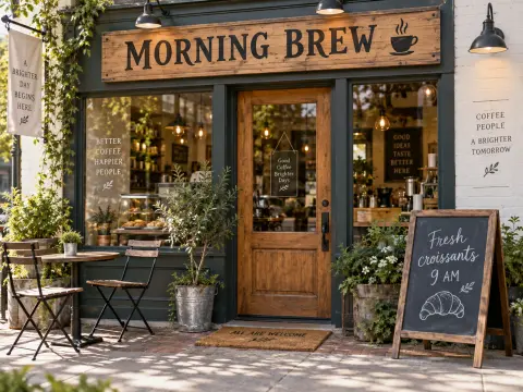 Сгенерированная витрина кофейни с вывеской MORNING BREW и меловой доской: OpenAI Image 2.5
