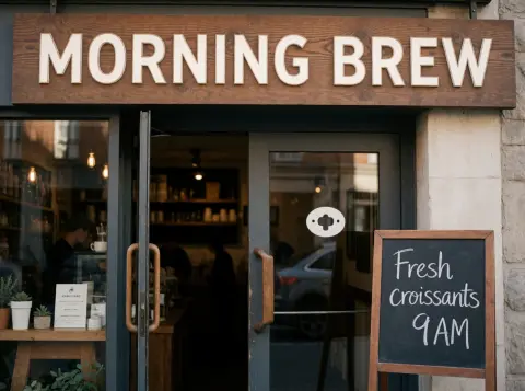 Сгенерированная витрина кофейни с вывеской MORNING BREW и меловой доской: Velvet Render v5.1