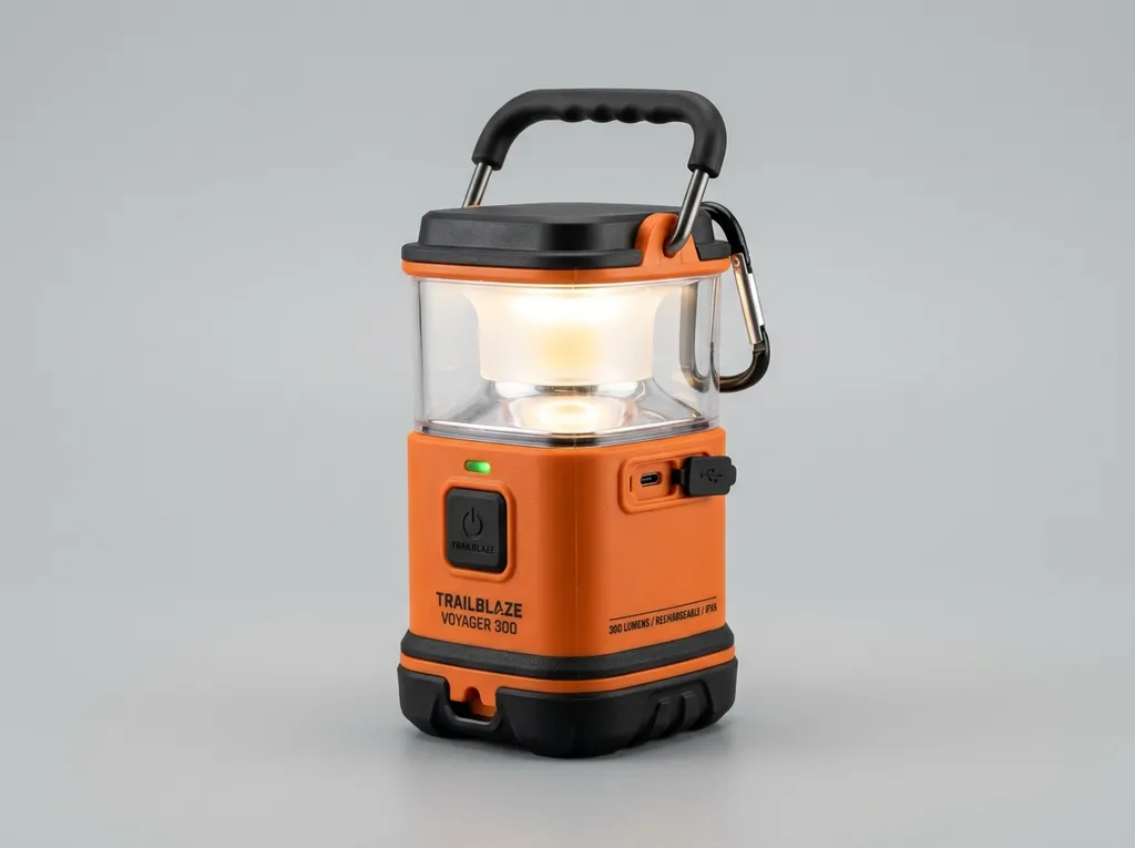 AI-generated product concept of an orange camping lantern