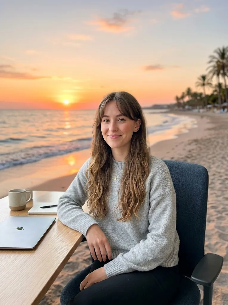 The same portrait with the office replaced by a beach at sunset