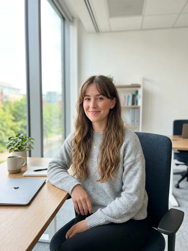 Portrait of a woman in an office before the background change