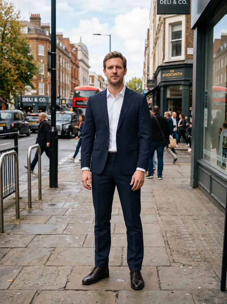 The same man on the same street wearing a navy suit