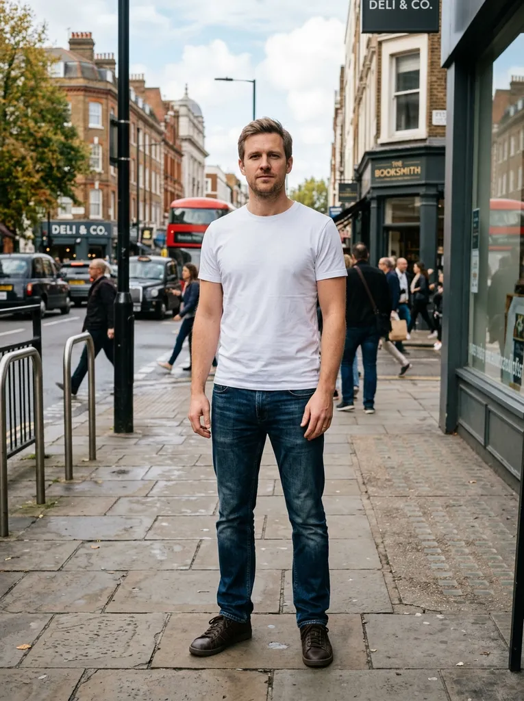 Man on a city street in a white t-shirt and jeans
