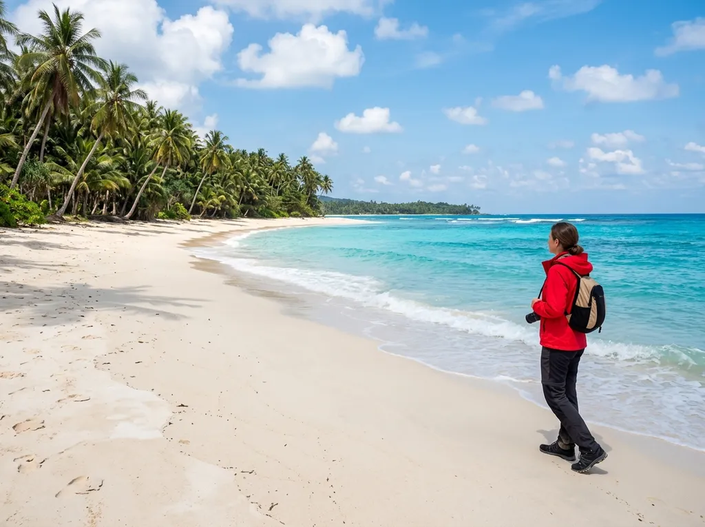 Tropical beach with a tourist in a red jacket