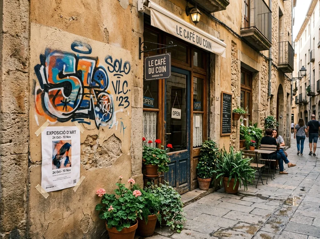 Cafe facade with graffiti and a poster on the wall
