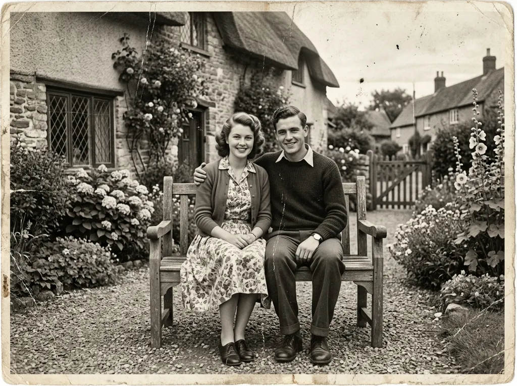 Scratched black-and-white photo of a couple on a bench in front of a village house