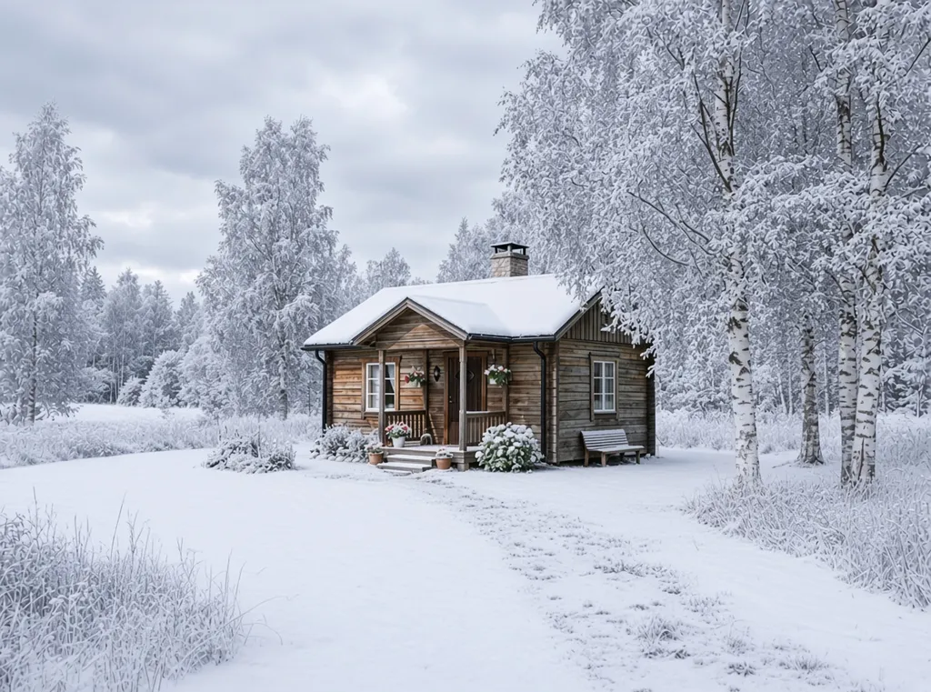 The same house covered with snow in winter