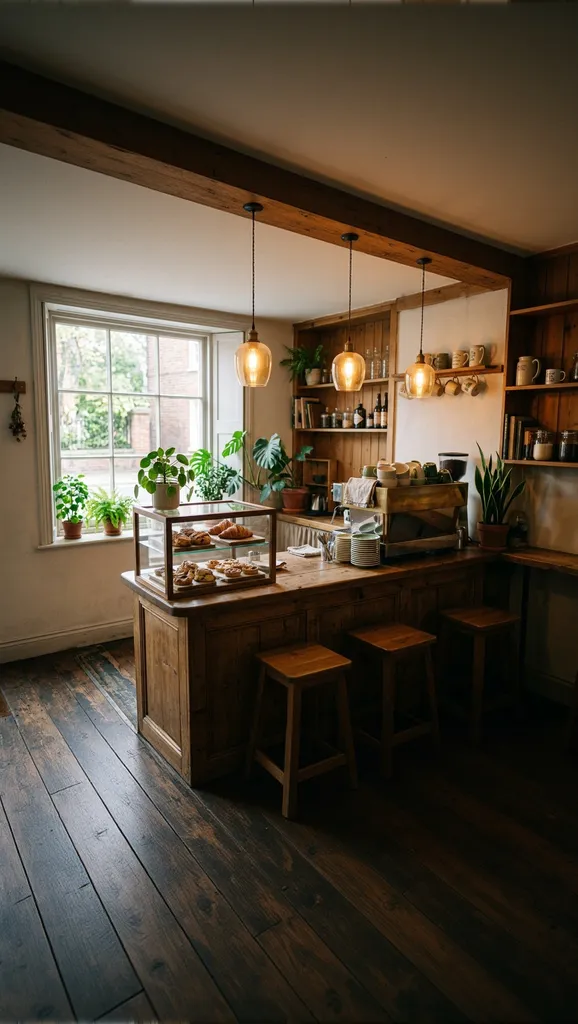 The same coffee shop extended to a vertical 9:16 frame with a ceiling beam above and a wooden floor below