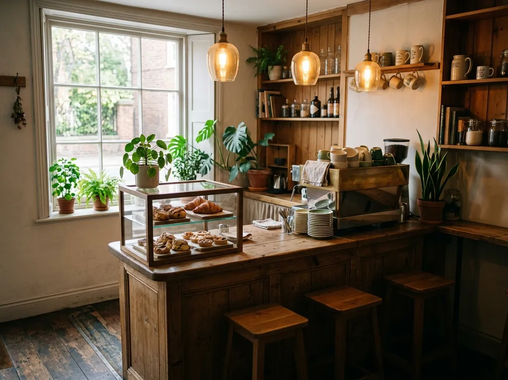 Horizontal photo of a small coffee shop counter with pastries and pendant lamps