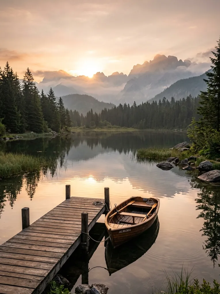 Vertical photo of a mountain lake with a wooden pier and a boat at sunrise