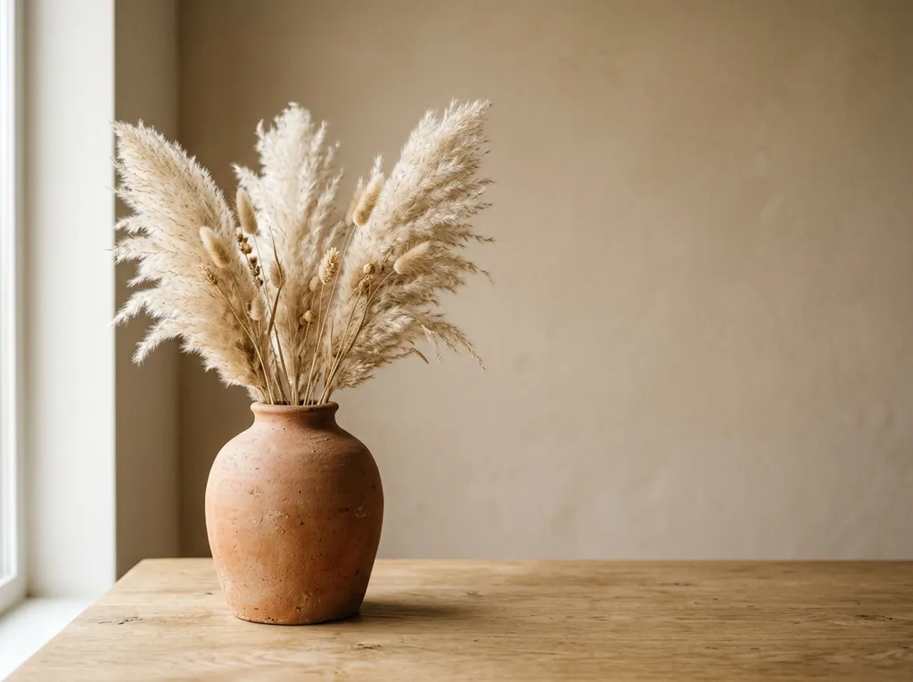 Terracotta vase with dried pampas grass on an oak table against a beige wall